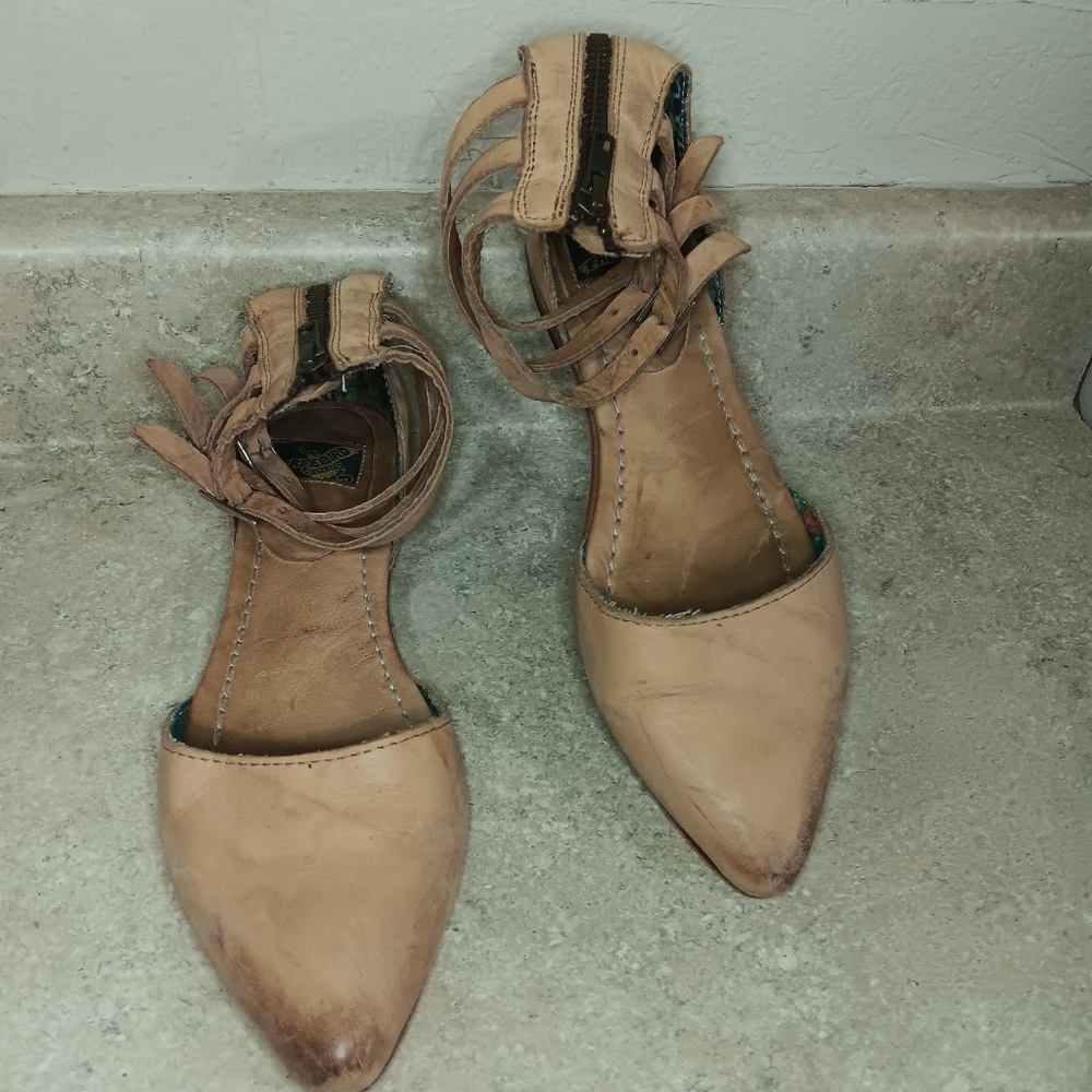 freebird Tan Pointed Toe Strappy Flats